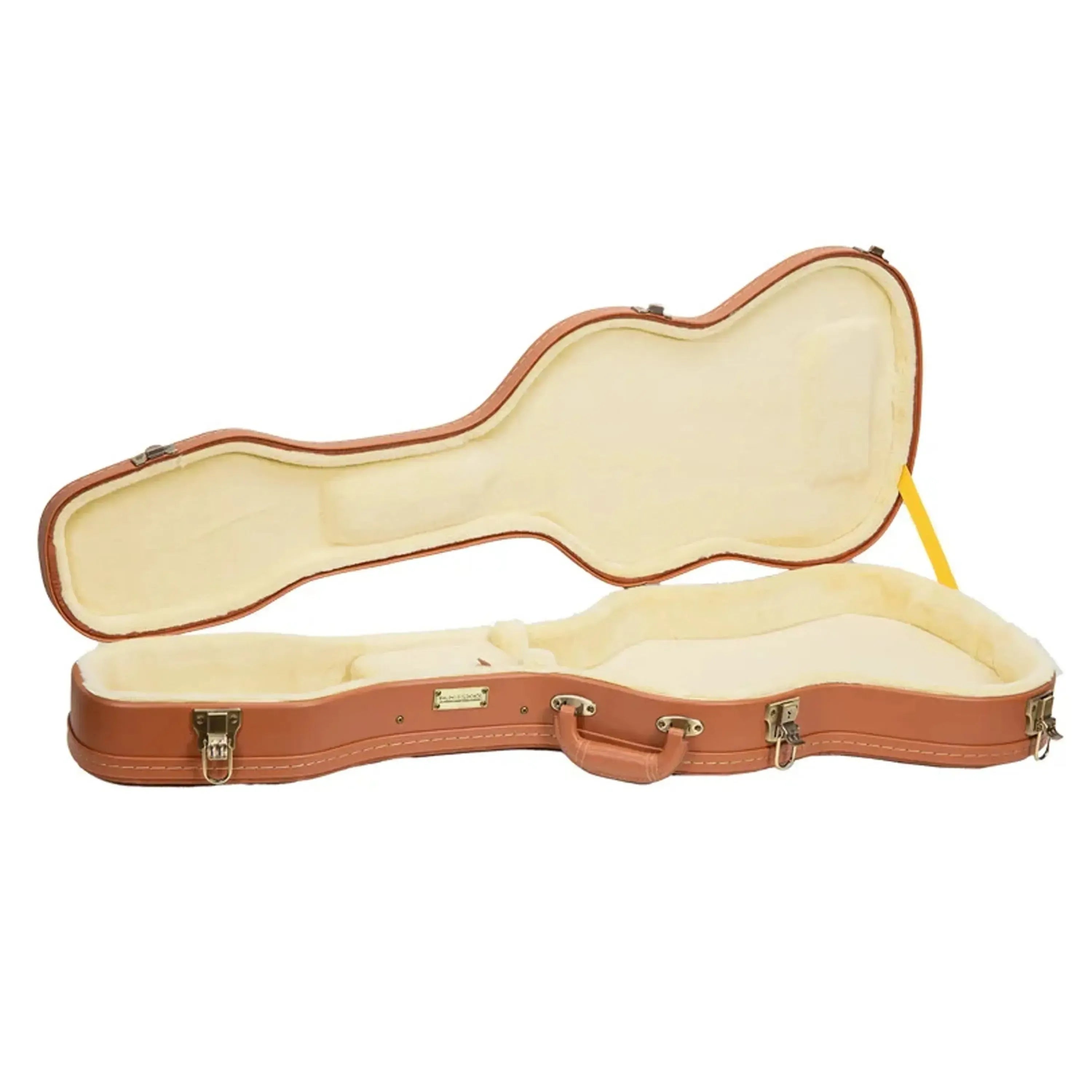 Crossrock CRW630ST electric guitar case, open, showing a brown faux leather exterior and cream velvet interior.