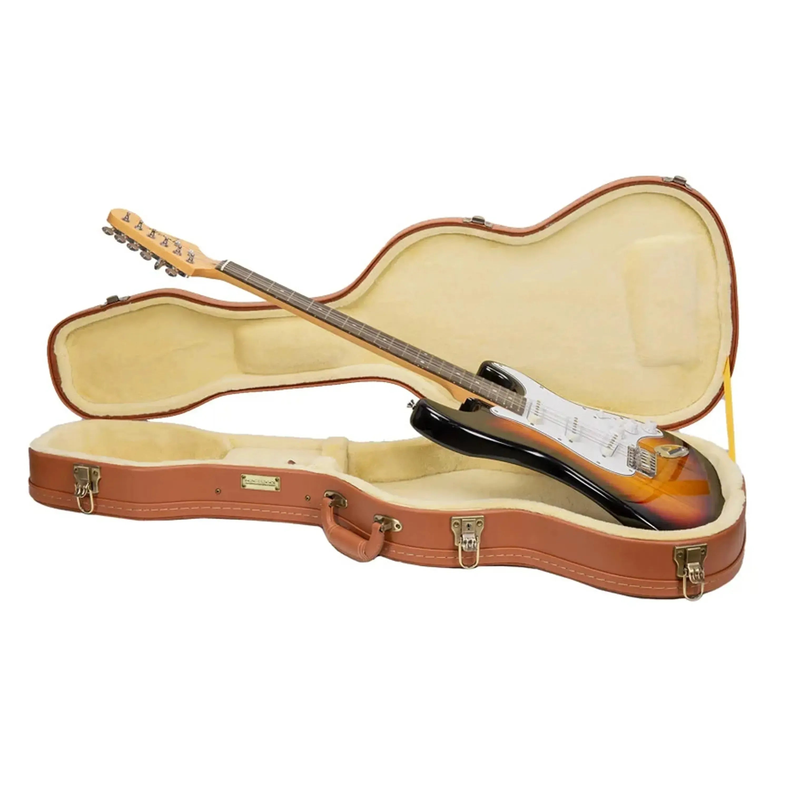 Crossrock CRW630ST red-wood solid body electric guitar case with a black and sunburst guitar inside.