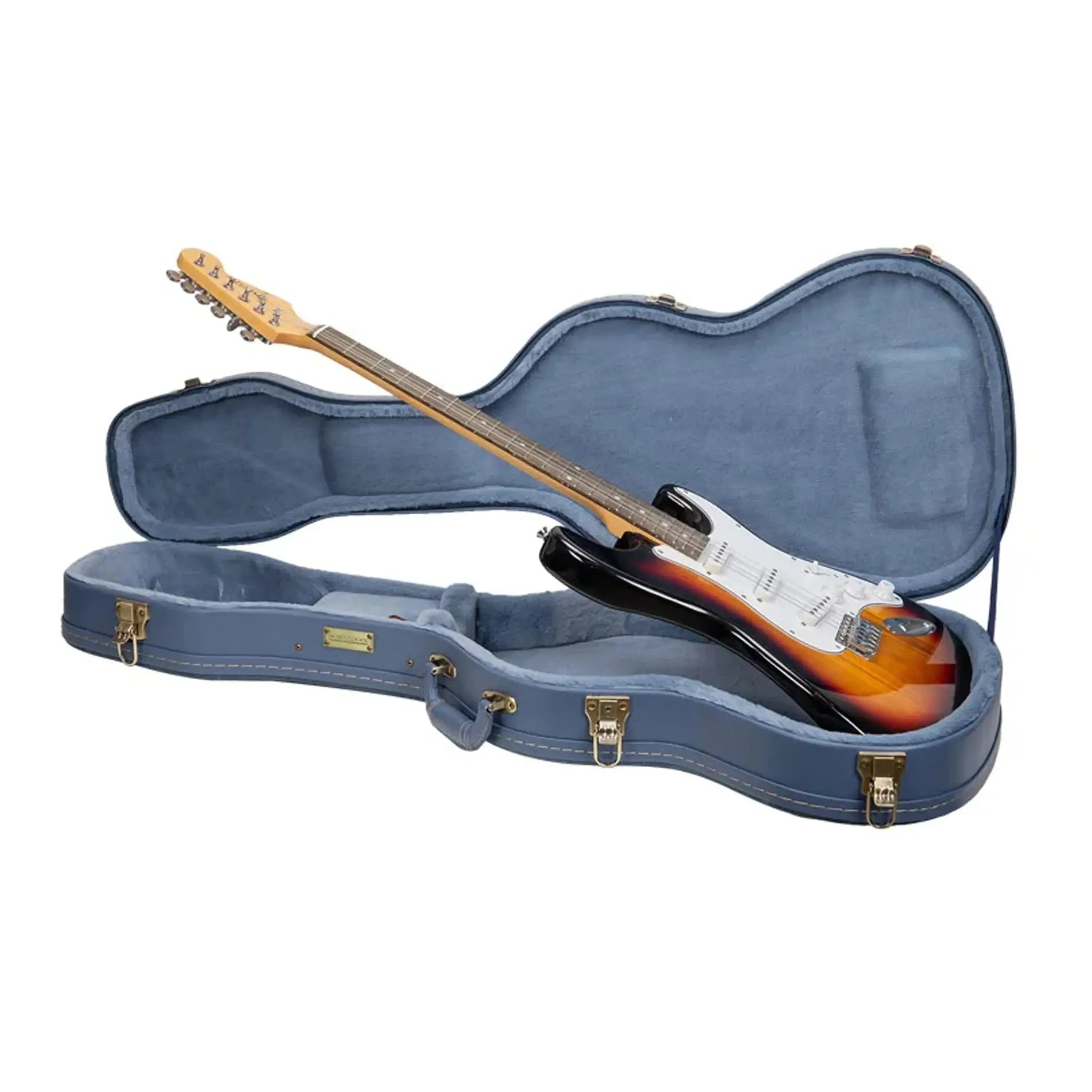 Crossrock CRW630ST smoke-blue wood electric guitar case with a Stratocaster-style guitar inside.