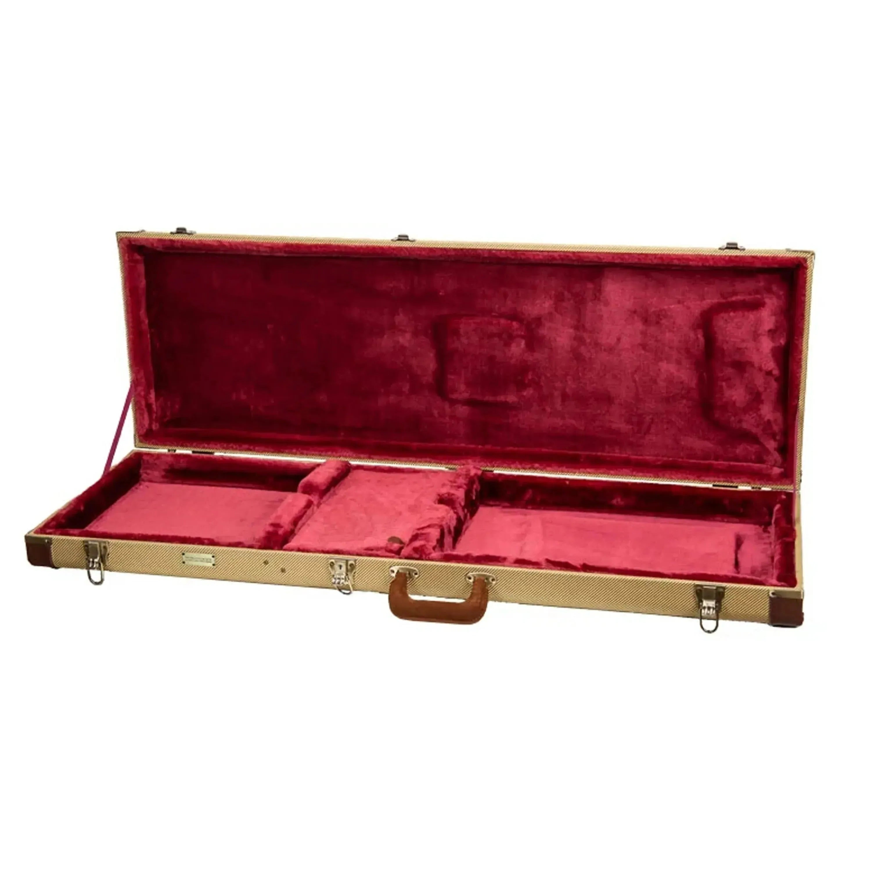 Crossrock Master Series electric bass case, open, showing red plush interior and tweed fabric exterior.