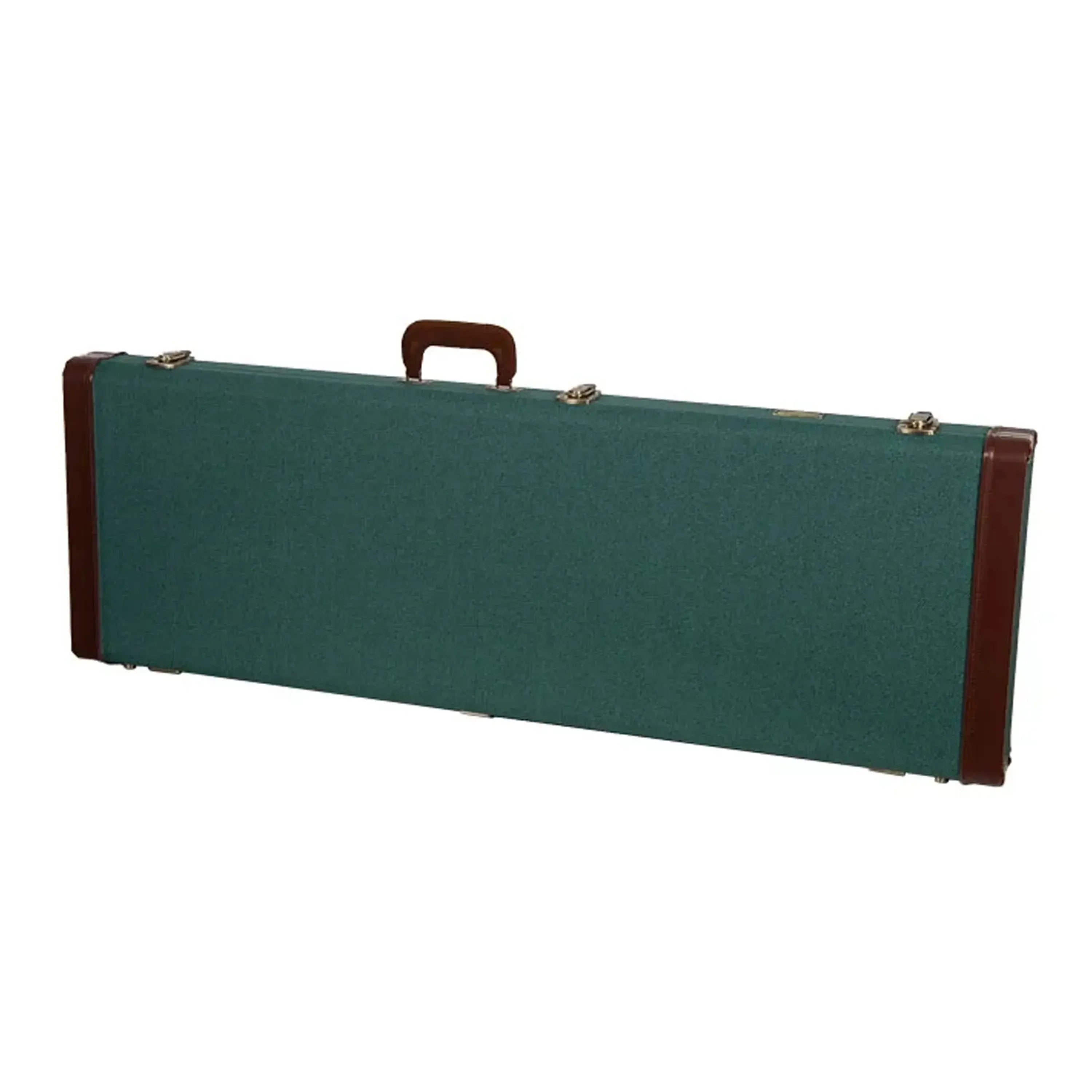Crossrock CRW720B Master Series electric bass case in malachite-blue with brown trim and gold latches.