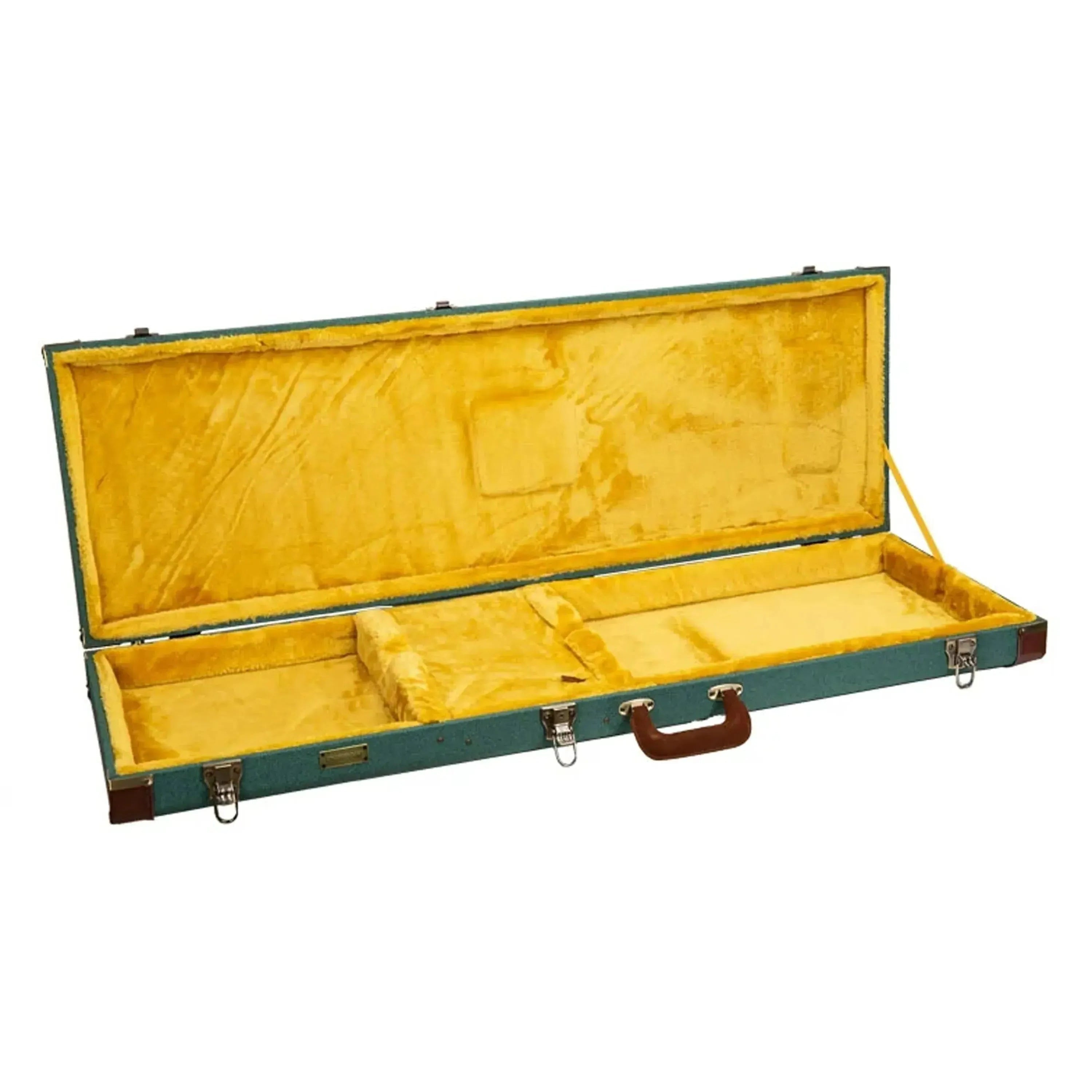 Crossrock CRW720B Master Series electric bass case, open, with malachite-blue exterior and deep yellow plush interior.