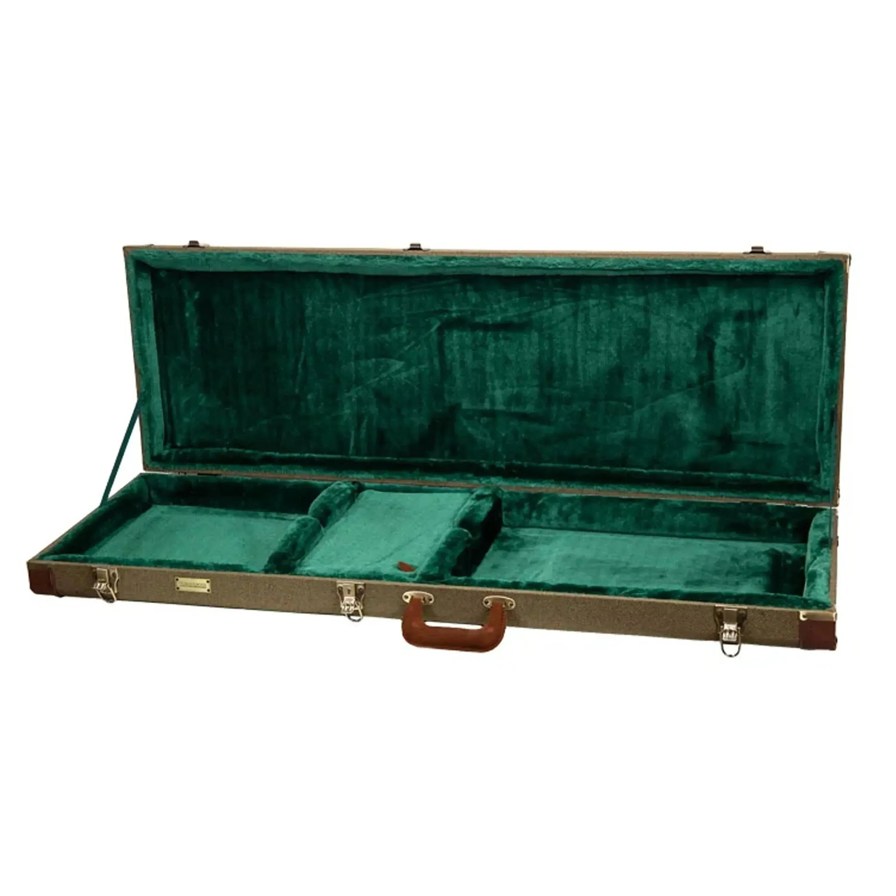 Crossrock CRW720B Master Series electric bass case, open, olive-green fabric exterior, deep green plush interior.