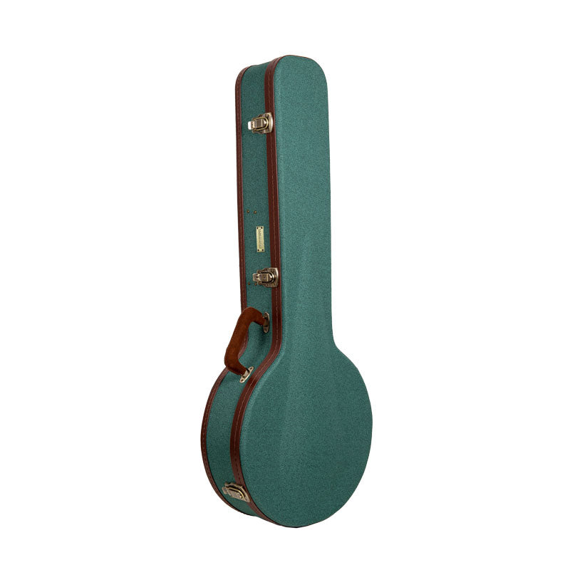 Crossrock CRW720BJMB malachite blue Master Series wood resonator banjo case standing upright, closed, viewed from the handle side.