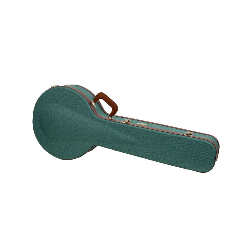 Crossrock CRW720BJMB malachite blue Master Series wood resonator banjo case lying closed, showing the arched top and leather handle.
