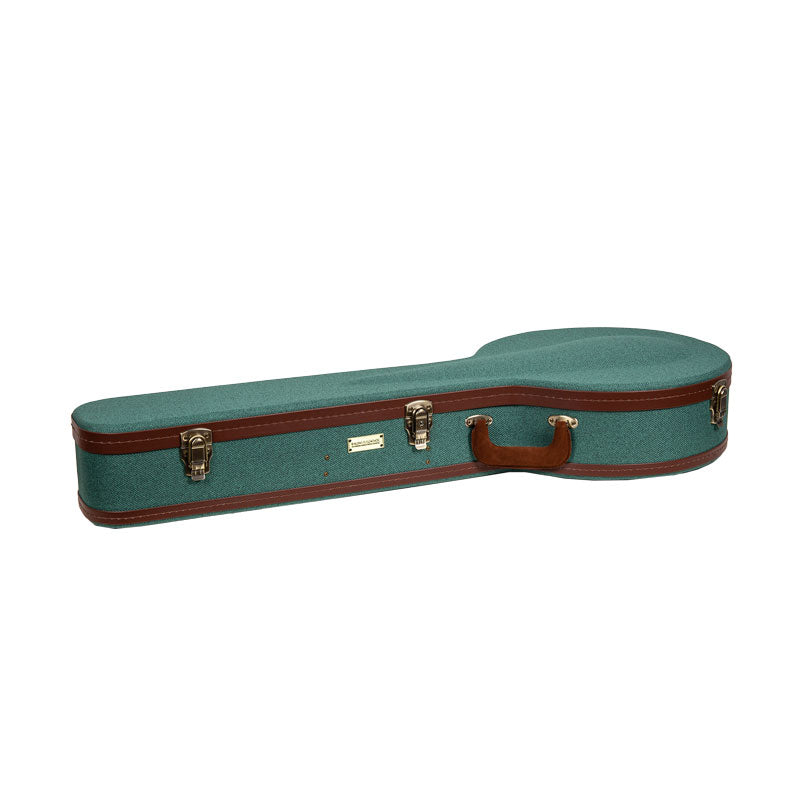 Crossrock CRW720BJMB malachite blue Master Series wood resonator banjo case lying closed on its side, showing the latches, nameplate, and handle.