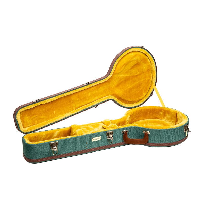 Crossrock CRW720BJMB malachite blue Master Series wood resonator banjo case open, showing the gold plush interior.