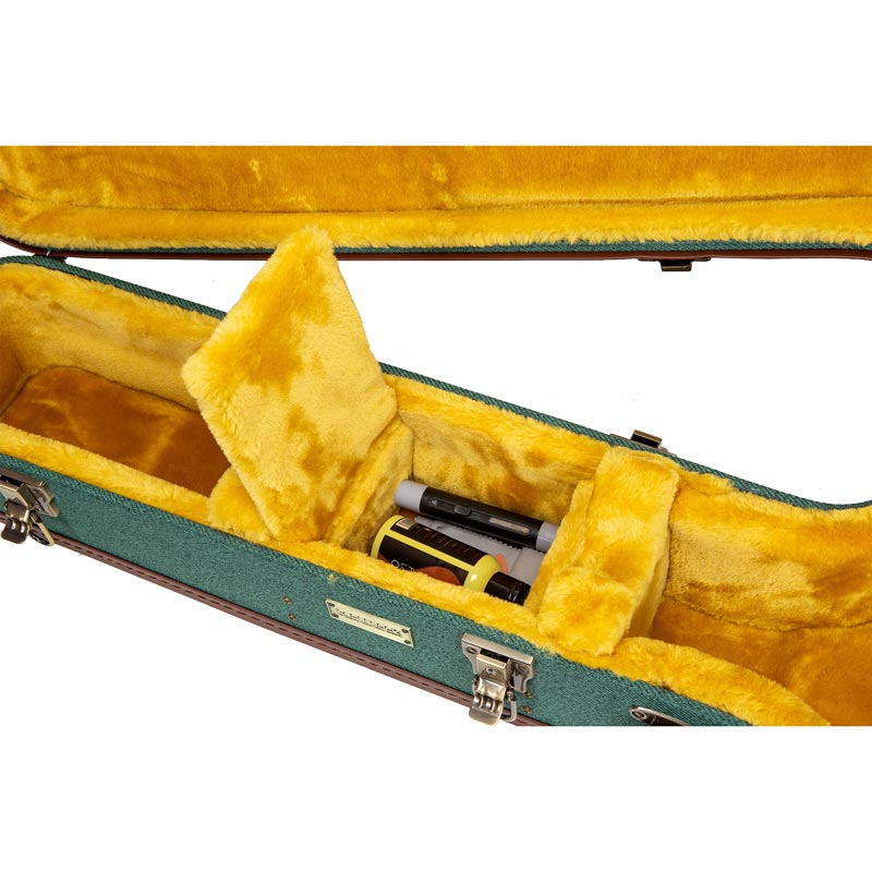 Crossrock CRW720BJMB malachite blue Master Series wood resonator banjo case close-up of the open accessory compartment in the gold plush interior.