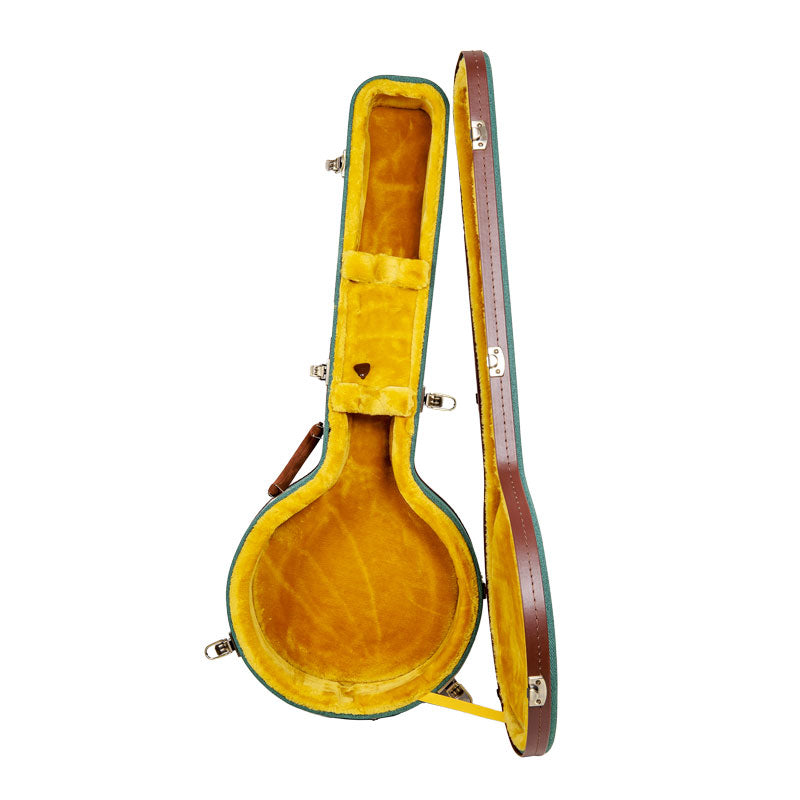 Crossrock CRW720BJMB malachite blue Master Series wood resonator banjo case standing open, showing the gold plush lid and body cavity.