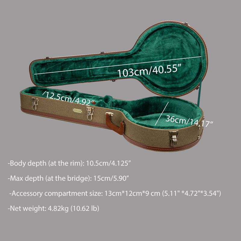 Interior measurement diagram for the Crossrock CRW720BJ Master Series resonator banjo case (olive green version shown).