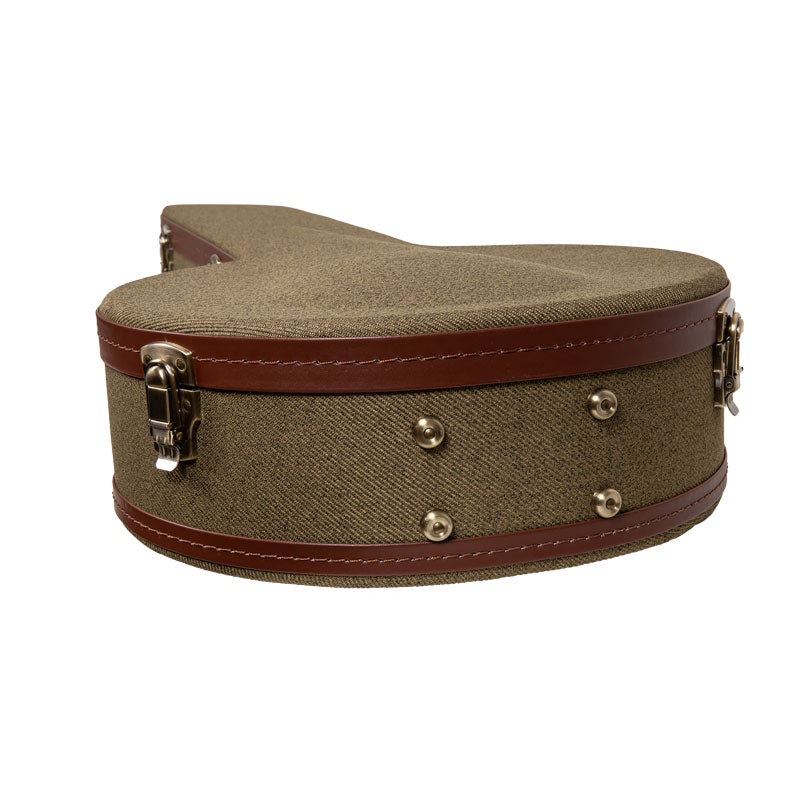 Crossrock CRW720BJOG olive green Master Series wood resonator banjo case close-up of the pot end with nickel latches and brass rivets.