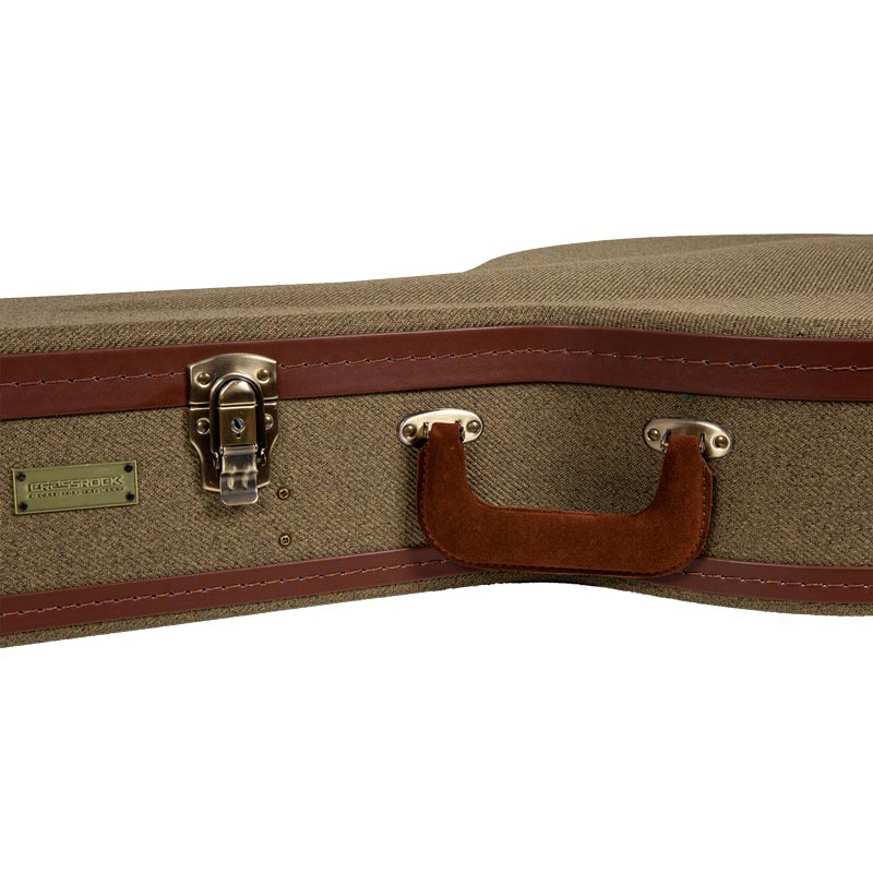 Crossrock CRW720BJOG olive green Master Series wood resonator banjo case close-up of the handle, latch, and nameplate on the olive green tweed exterior.