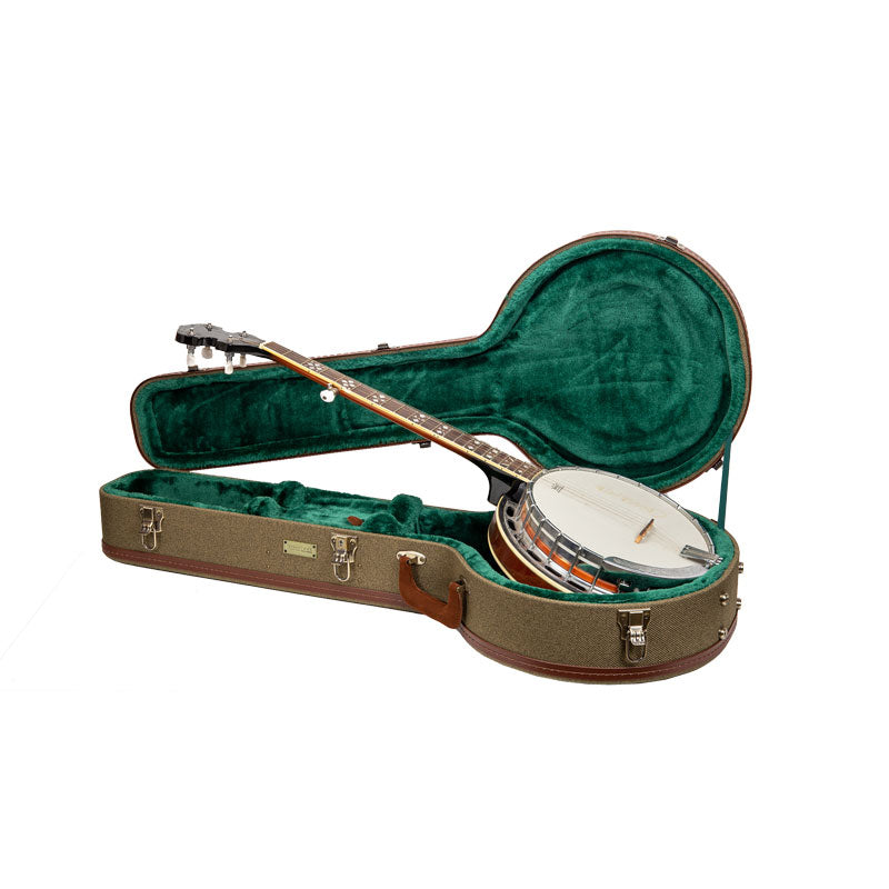 Crossrock CRW720BJOG olive green Master Series wood resonator banjo case open with a 5-string resonator banjo resting in the forest green plush lining.