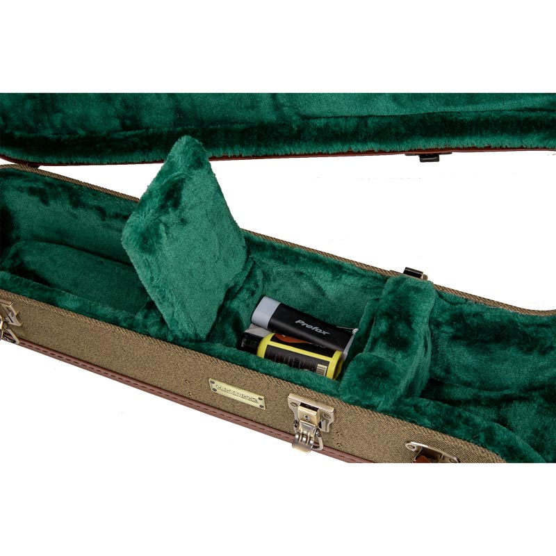 Crossrock CRW720BJOG olive green Master Series wood resonator banjo case close-up of the open accessory compartment in the forest green interior.