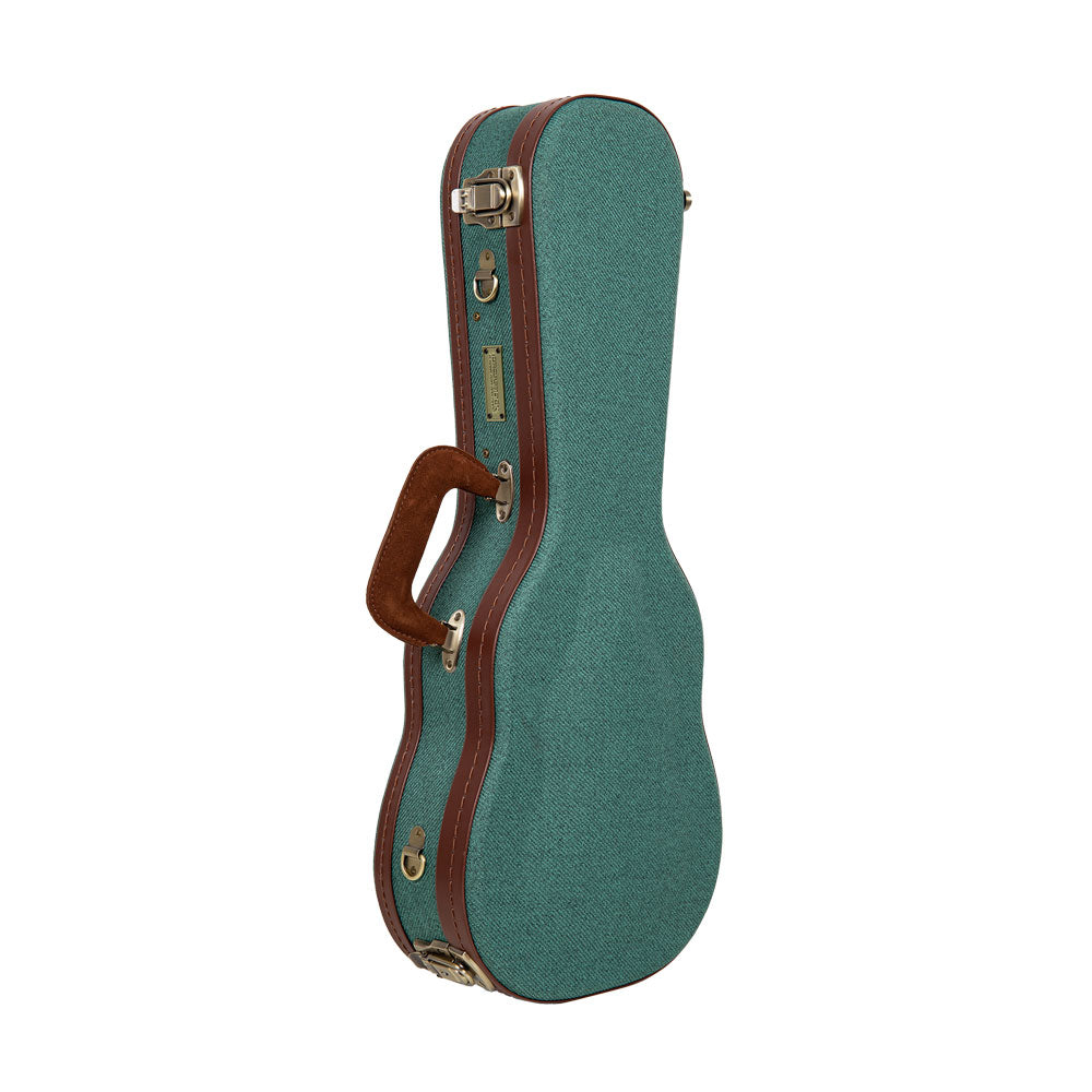 Crossrock CRW720CUMB malachite blue Master Series wood concert ukulele case standing upright, closed, with brown trim and leather handle.