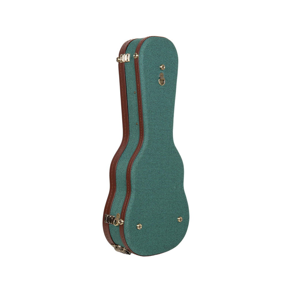 Crossrock CRW720CUMB malachite blue Master Series wood concert ukulele case standing upright, viewed from the back edge.