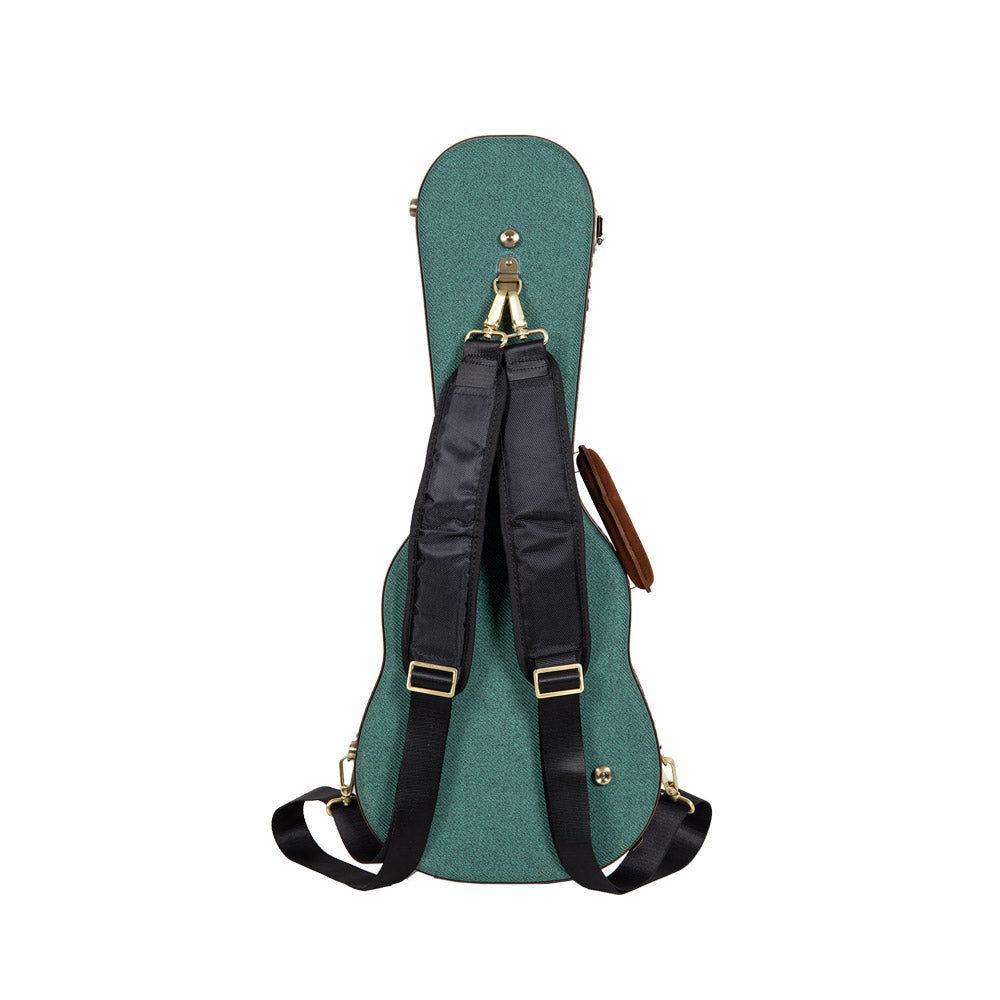 Crossrock CRW720CUMB malachite blue Master Series wood concert ukulele case from the back, showing the detachable padded backpack straps.