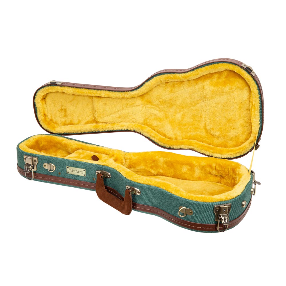 Crossrock CRW720CUMB malachite blue Master Series wood concert ukulele case open from the front, showing the full gold plush interior.