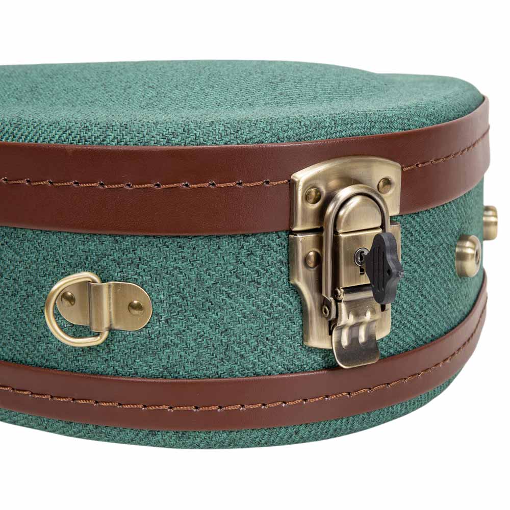 Crossrock CRW720CUMB malachite blue Master Series wood concert ukulele case close-up of the locking latch and strap ring on the malachite blue tweed exterior.