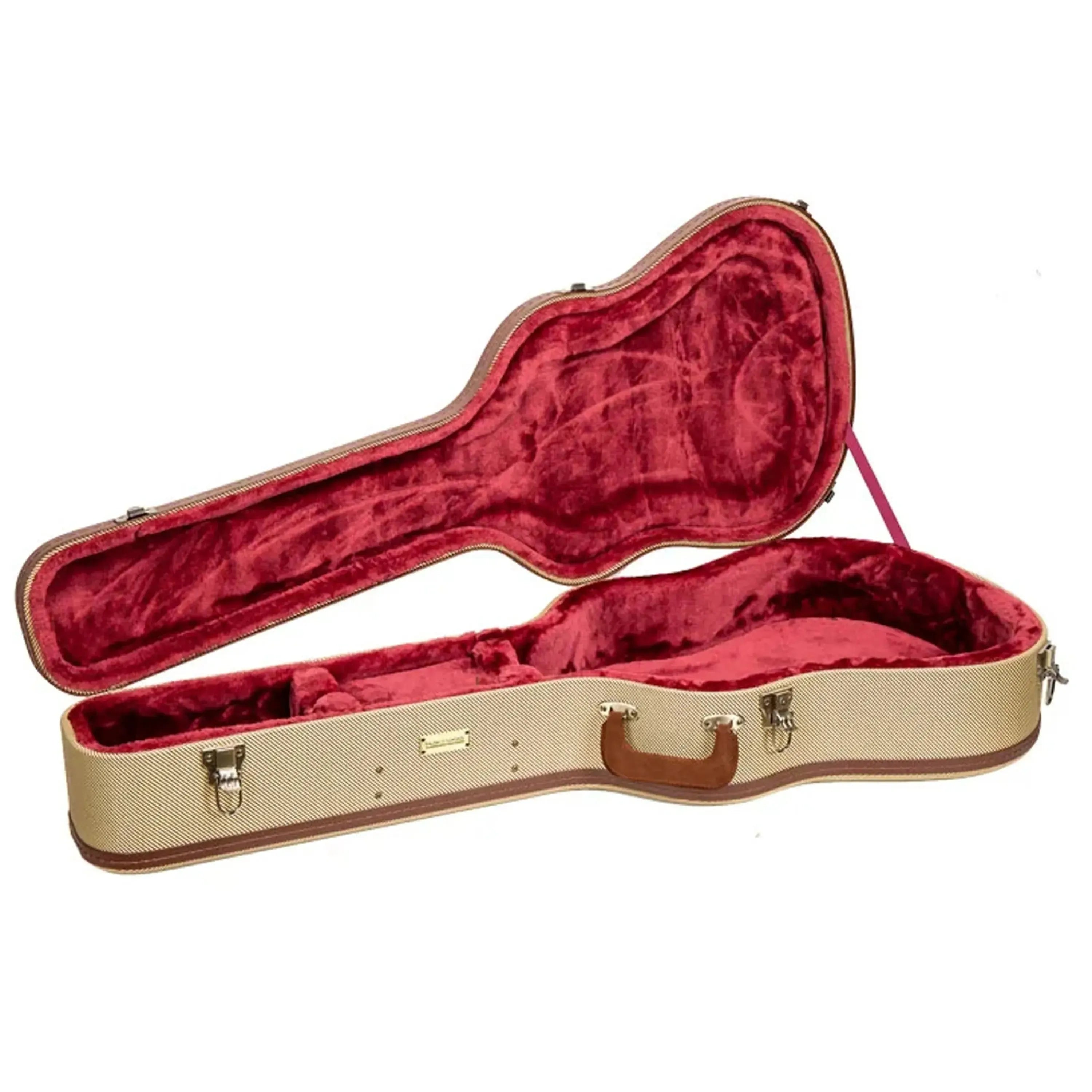 Crossrock CRW720D Jumbo Dreadnought guitar case, fabric-tweed exterior, brown trim, red velvet interior.