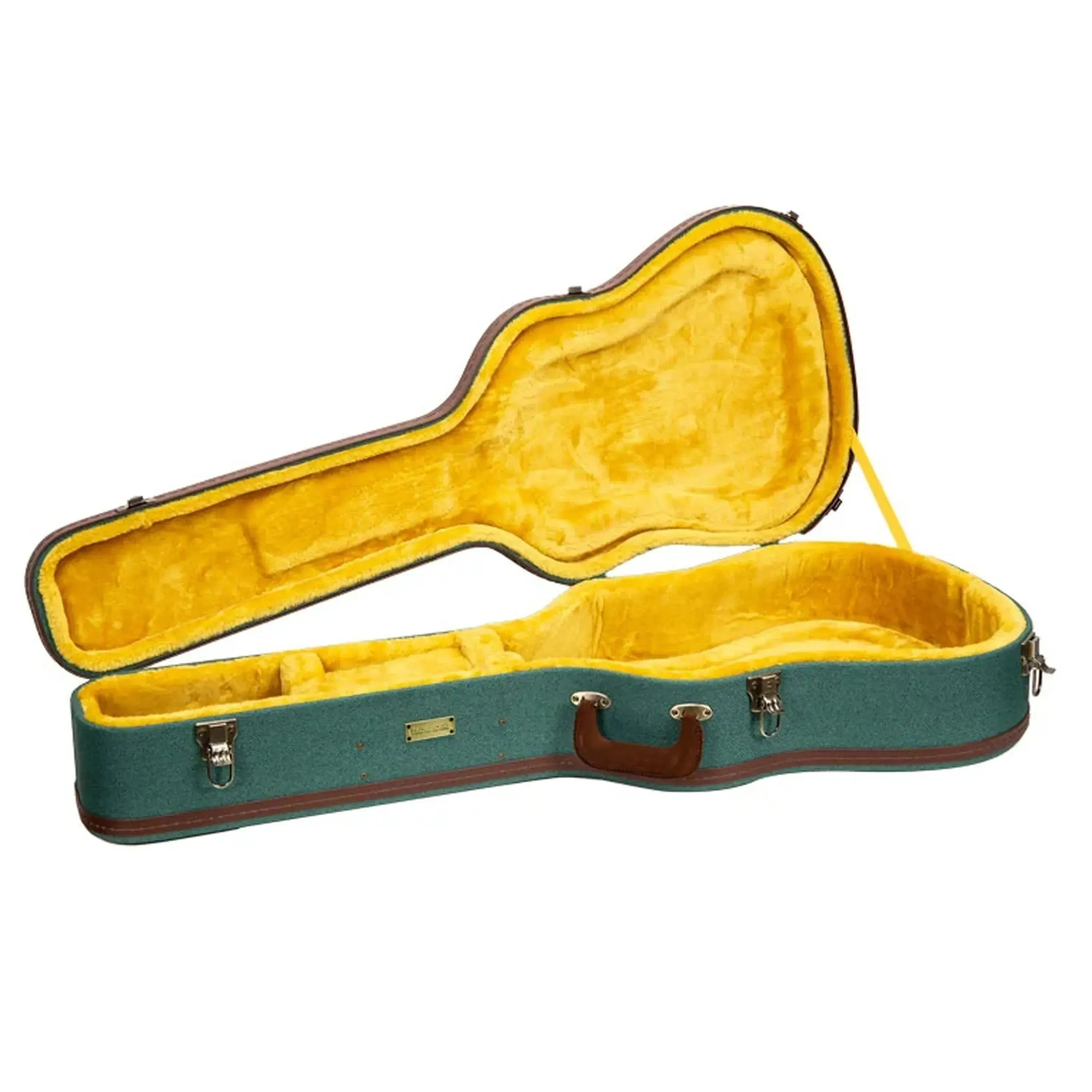 Crossrock CRW720D Jumbo Dreadnought guitar case in malachite-blue canvas with brown trim and yellow interior.