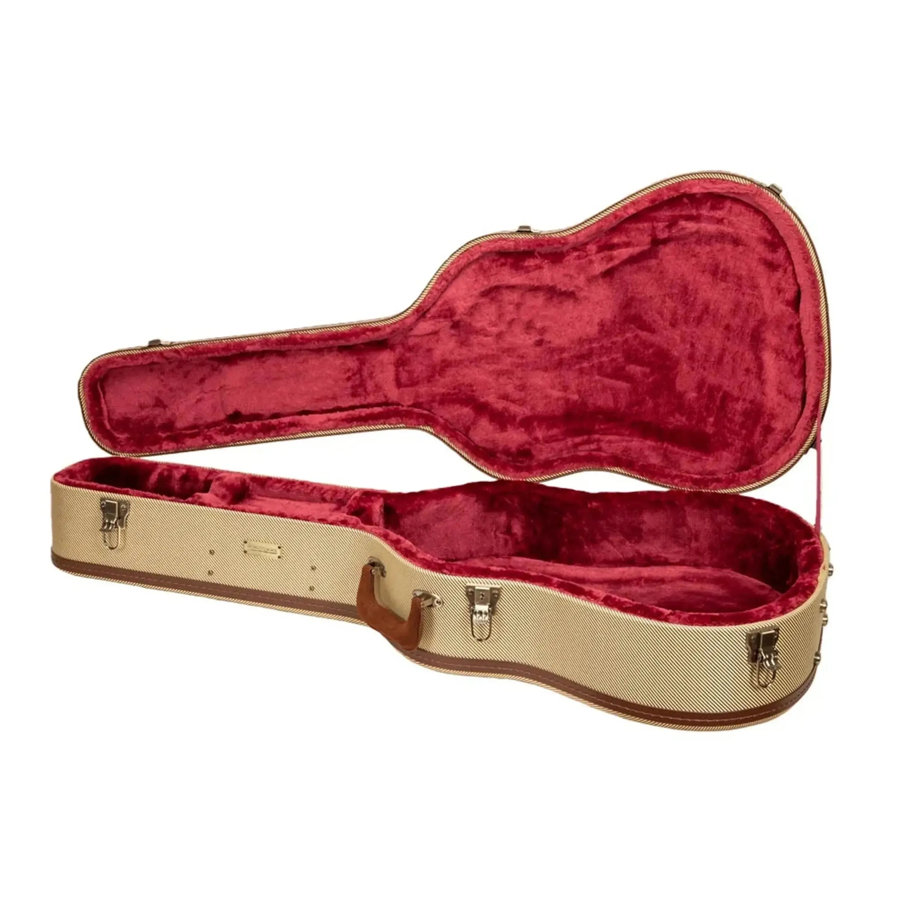 Crossrock Wood Master Series dreadnought guitar case, open, with fabric-tweed exterior and red plush interior.