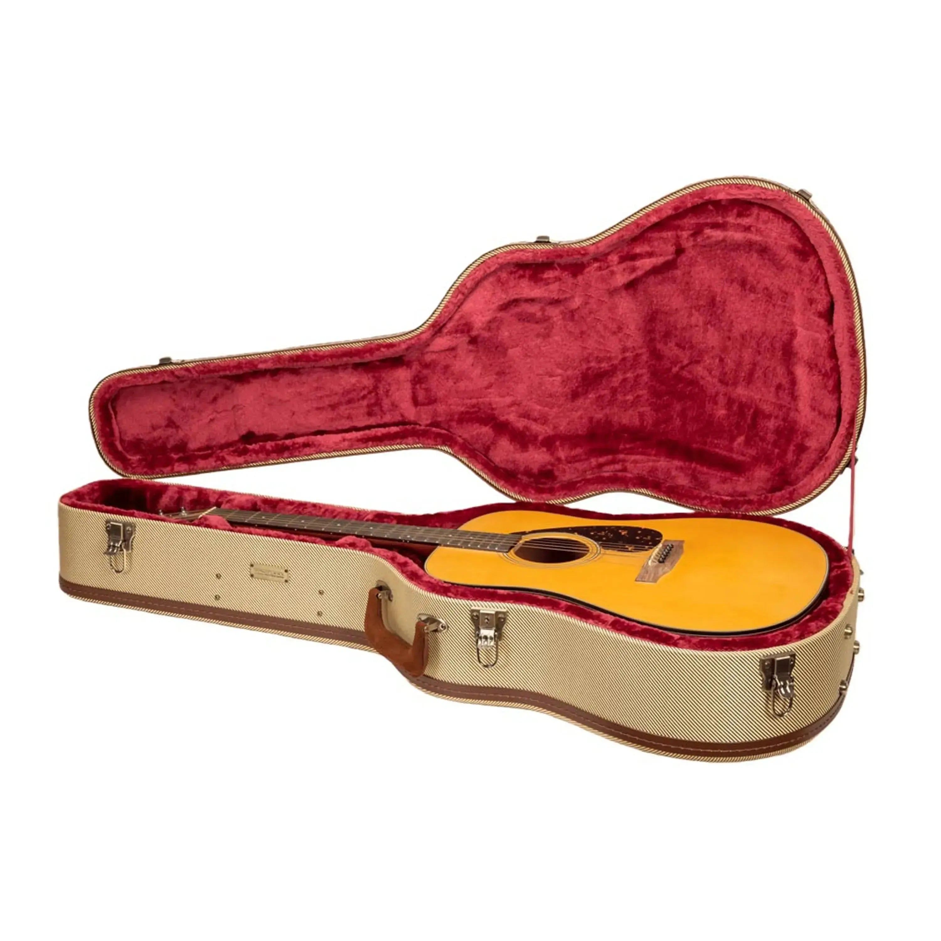 Crossrock Wood Master Series dreadnought guitar case with tweed fabric exterior and red plush interior, holding a guitar.