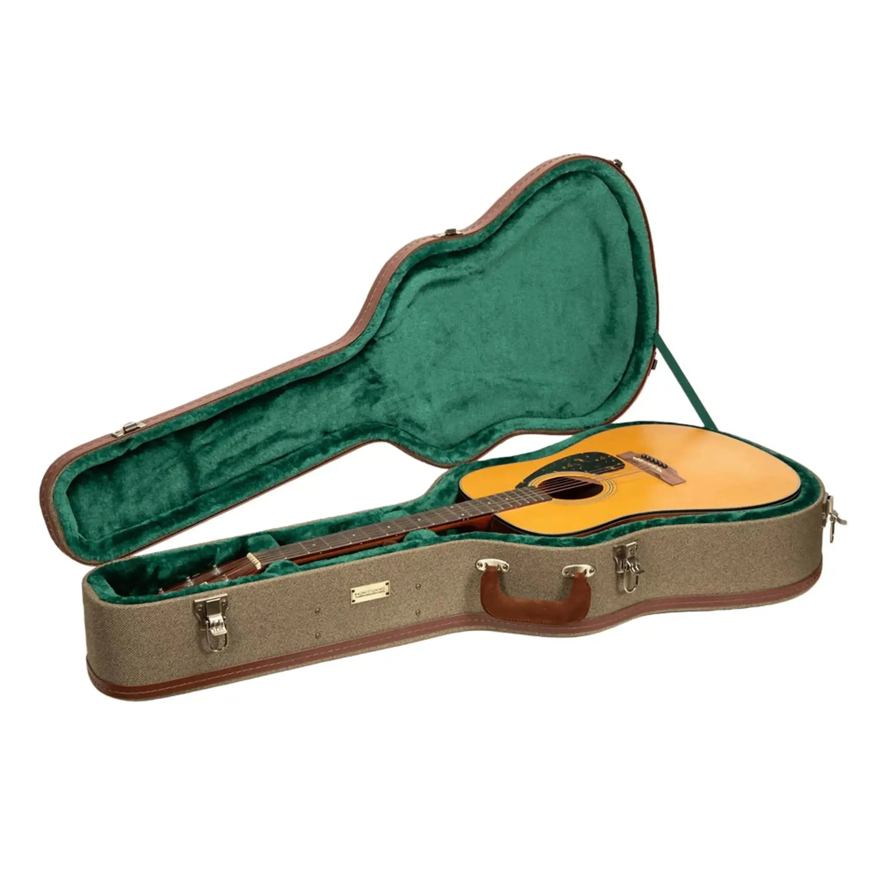 Crossrock Wood Master Series dreadnought guitar case in olive-green with a guitar inside.