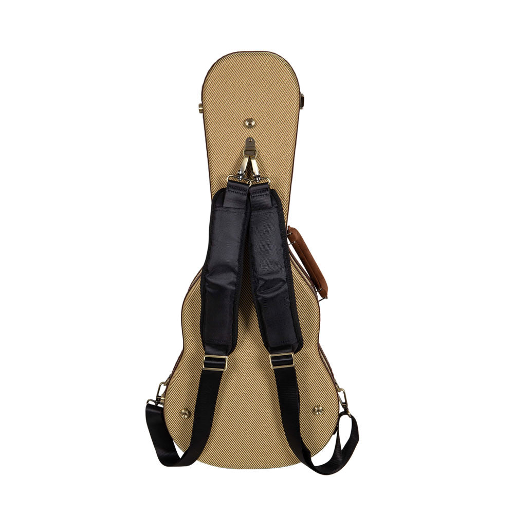 Crossrock CRW720TUFT fabric tweed Master Series wood tenor ukulele case from the back, showing the detachable padded backpack straps.