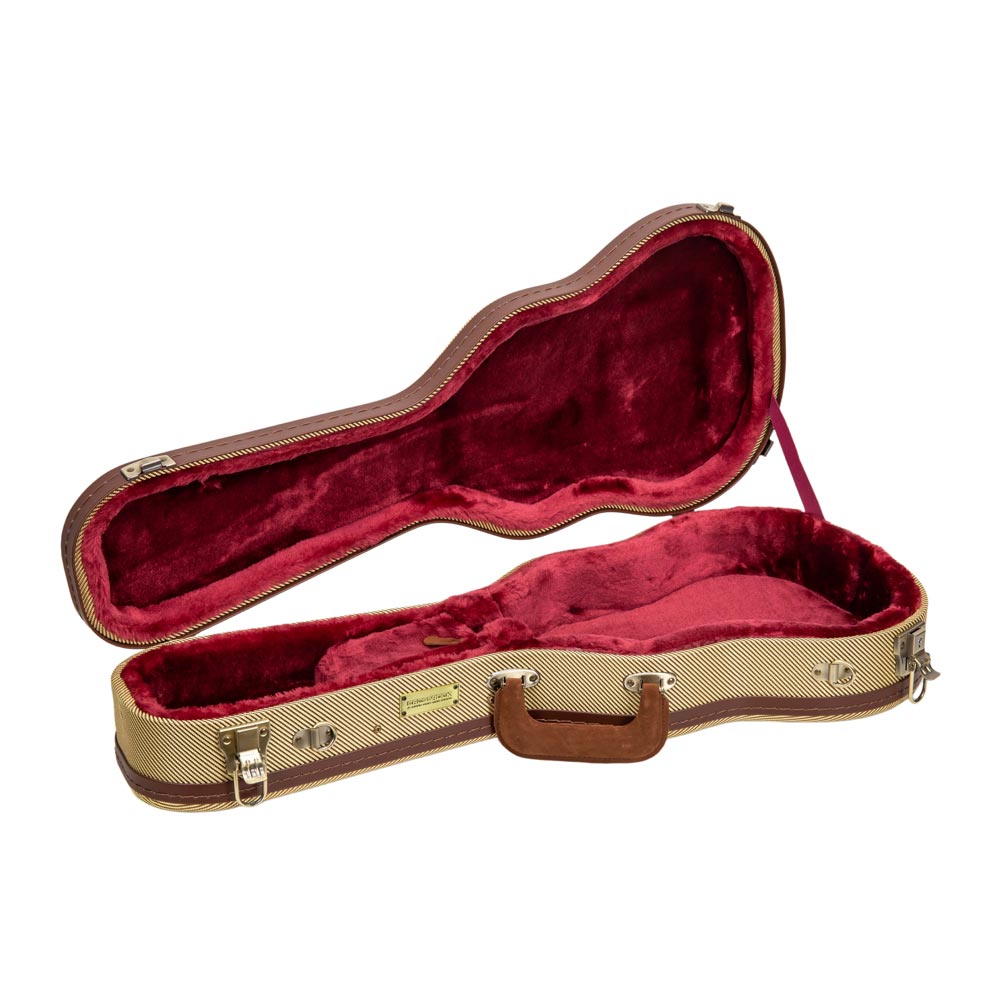 Crossrock CRW720TUFT fabric tweed Master Series wood tenor ukulele case open, showing the burgundy plush interior.