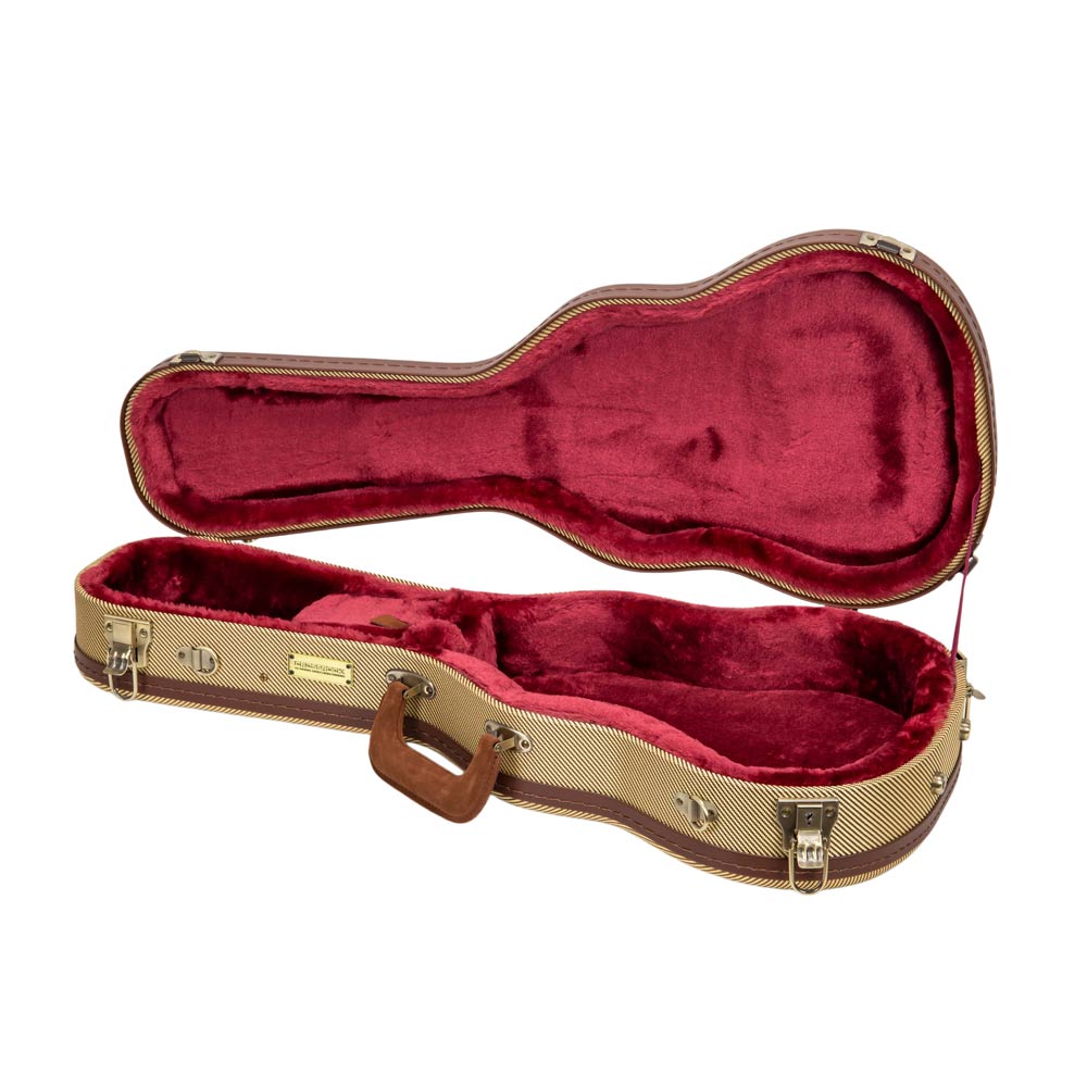 Crossrock CRW720TUFT fabric tweed Master Series wood tenor ukulele case open from the front, showing the full burgundy plush interior.