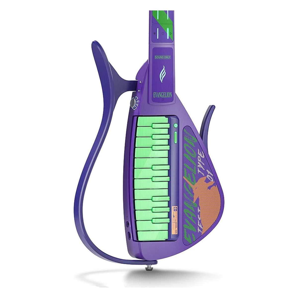 Front of the Enya Cyber-G EVA Evangelion edition body with the green luminous keyboard and Unit-01 purple finish