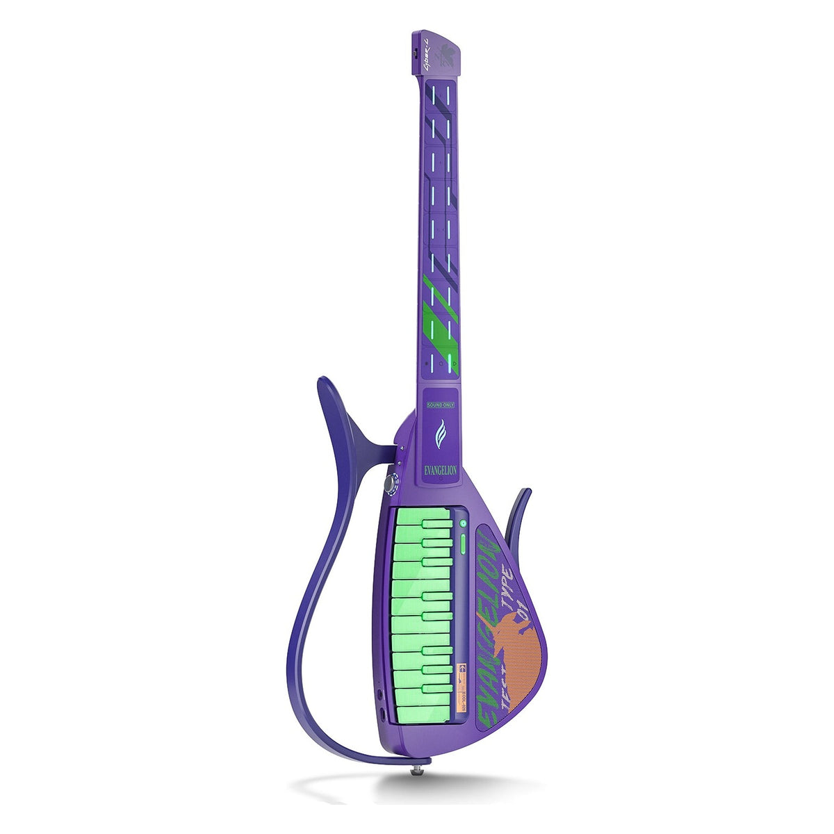 Full front view of the Enya Cyber-G EVA Evangelion Special Edition smart guitar standing upright
