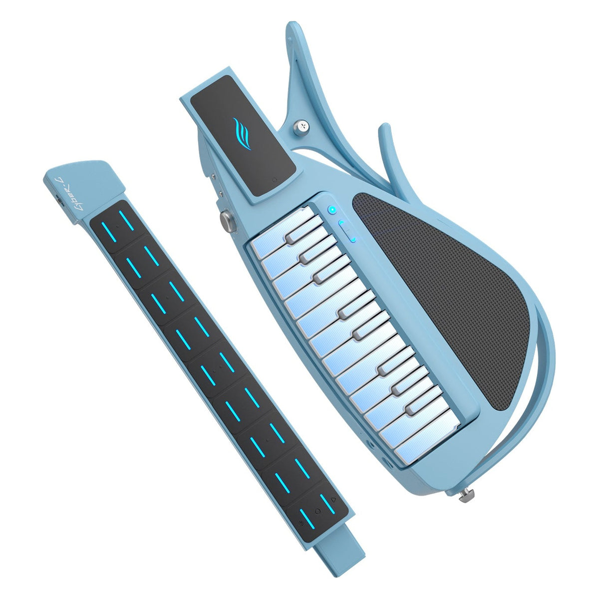 Enya Cyber-G Keyboard Model in Blue with the light-up neck detached from the keyboard body for travel