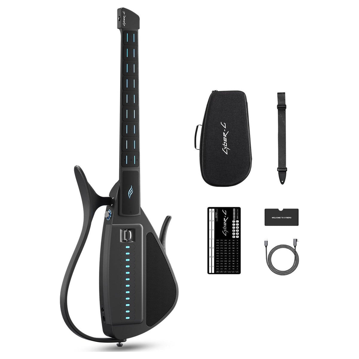 Enya Cyber-G Pick Model in Black with its protective bag, strap, quick start guide and USB-C cable