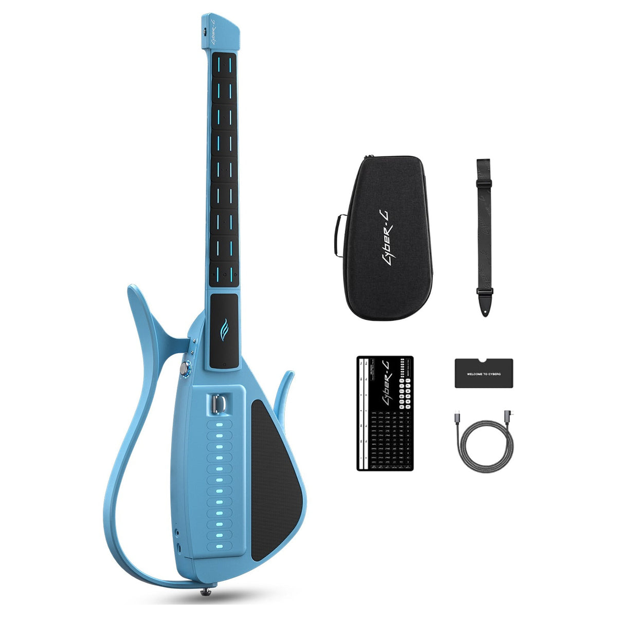Enya Cyber-G Pick Model in Blue with its protective bag, strap, quick start guide and USB-C cable