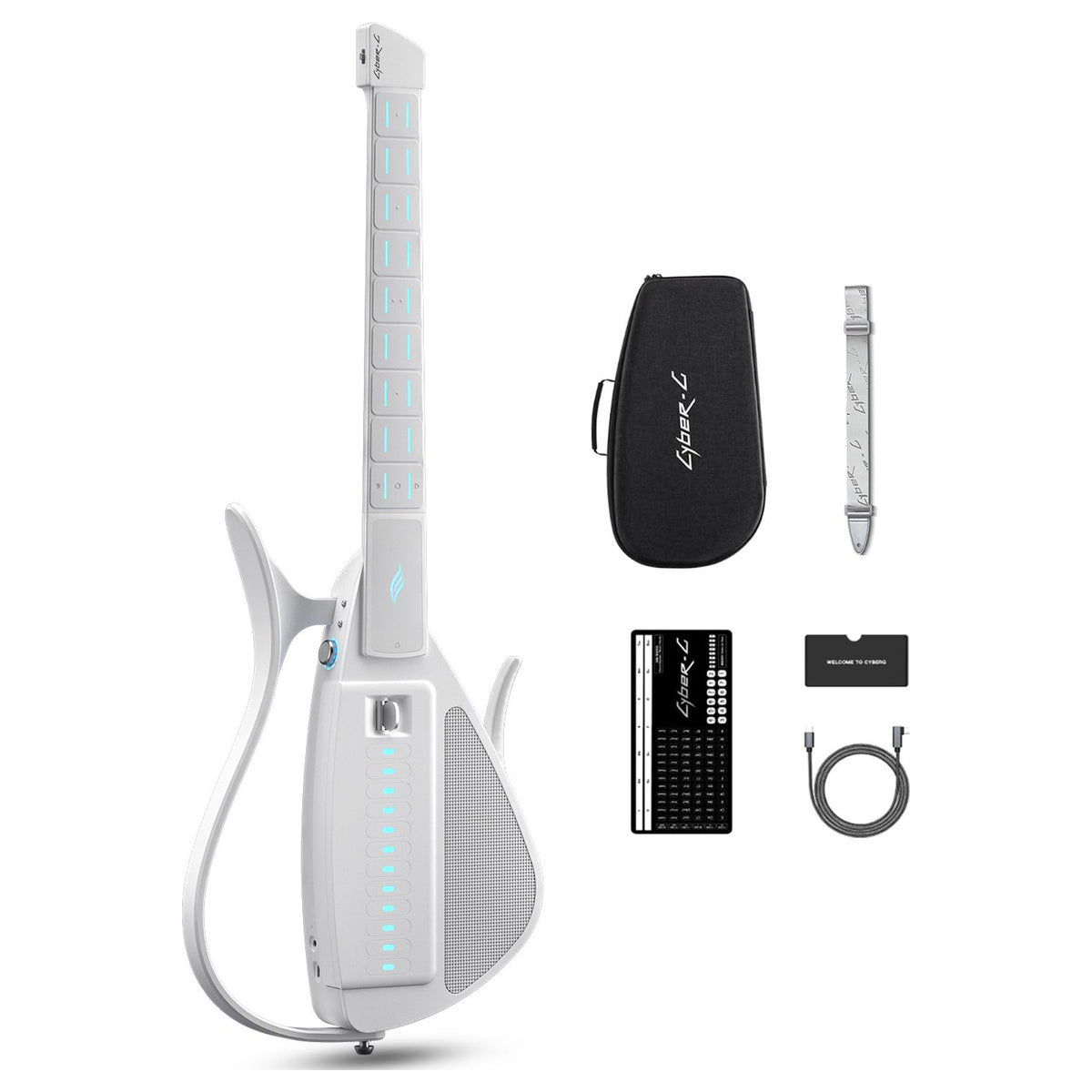 Enya Cyber-G Pick Model in White with its protective bag, strap, quick start guide and USB-C cable