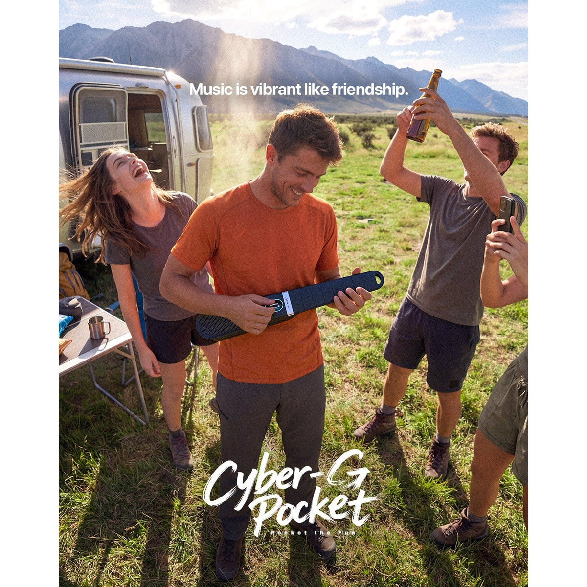 Friends playing the Enya Cyber-G Pocket in Black at a campsite