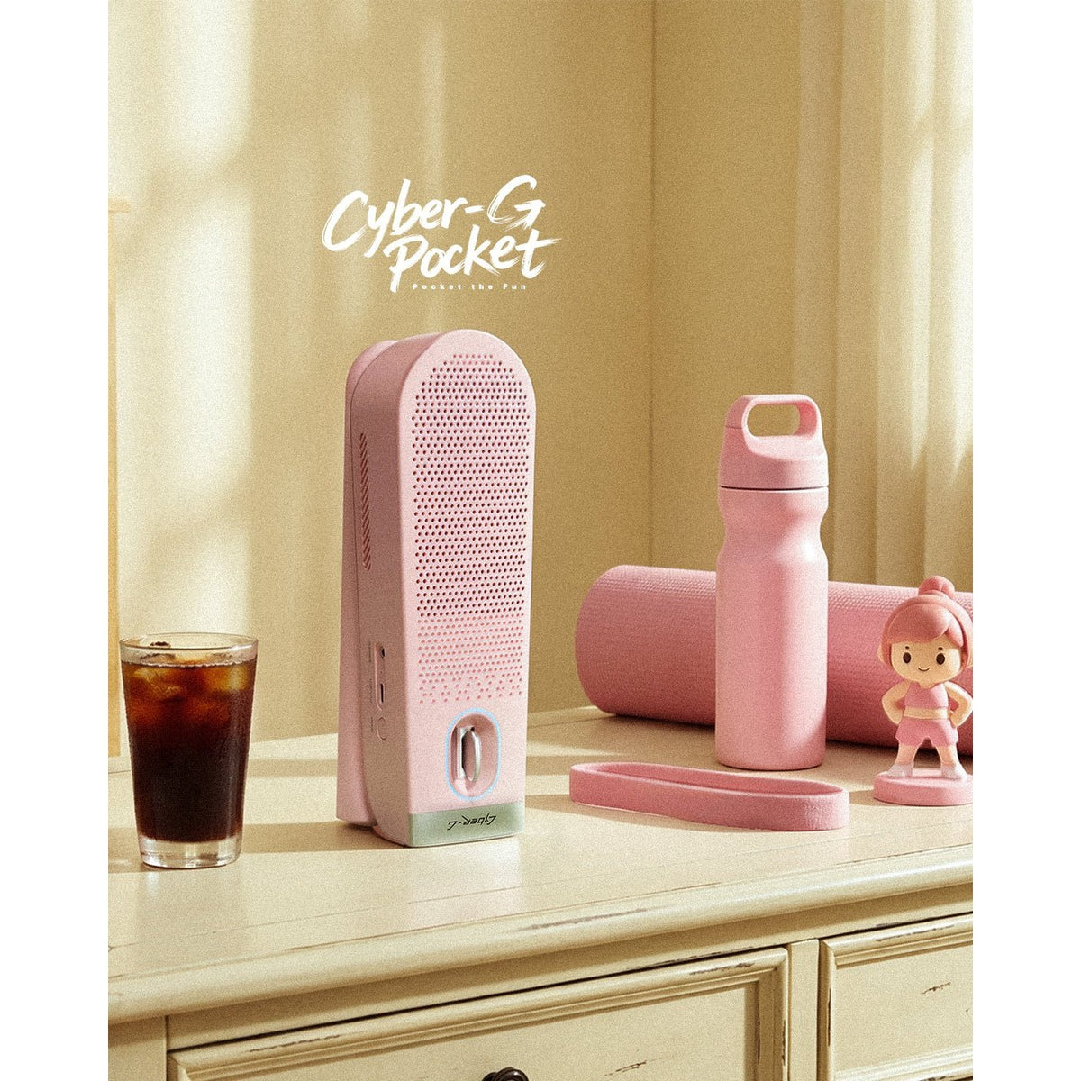 Enya Cyber-G Pocket in Pink folded on a table as a Bluetooth speaker