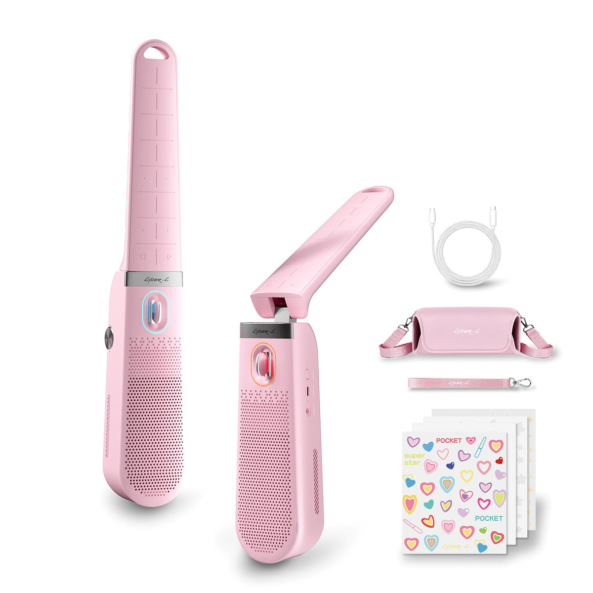 Enya Cyber-G Pocket in Pink unfolded and folded, with its premium case, hand strap, charging cable and sticker pack