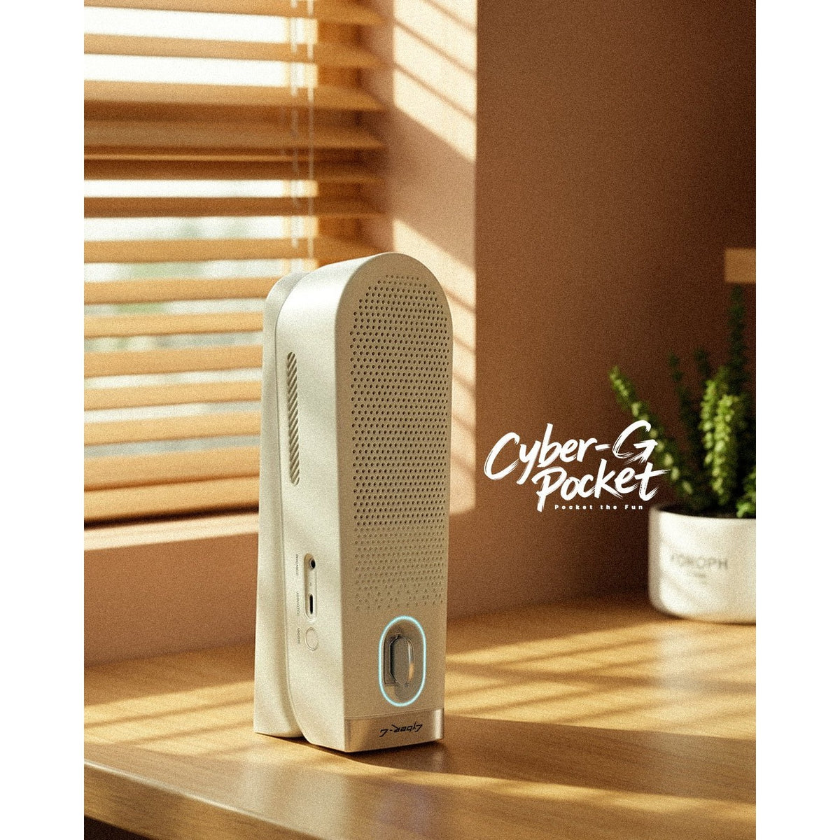 Enya Cyber-G Pocket in White folded on a table as a Bluetooth speaker