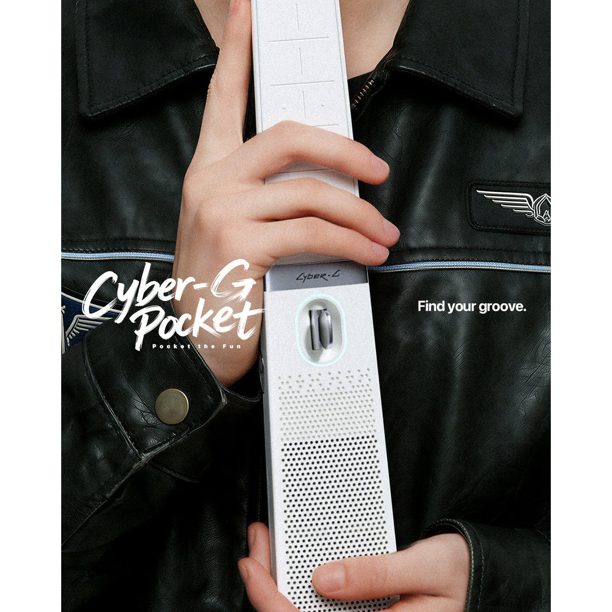 Player holding the folded Enya Cyber-G Pocket in White against a leather jacket