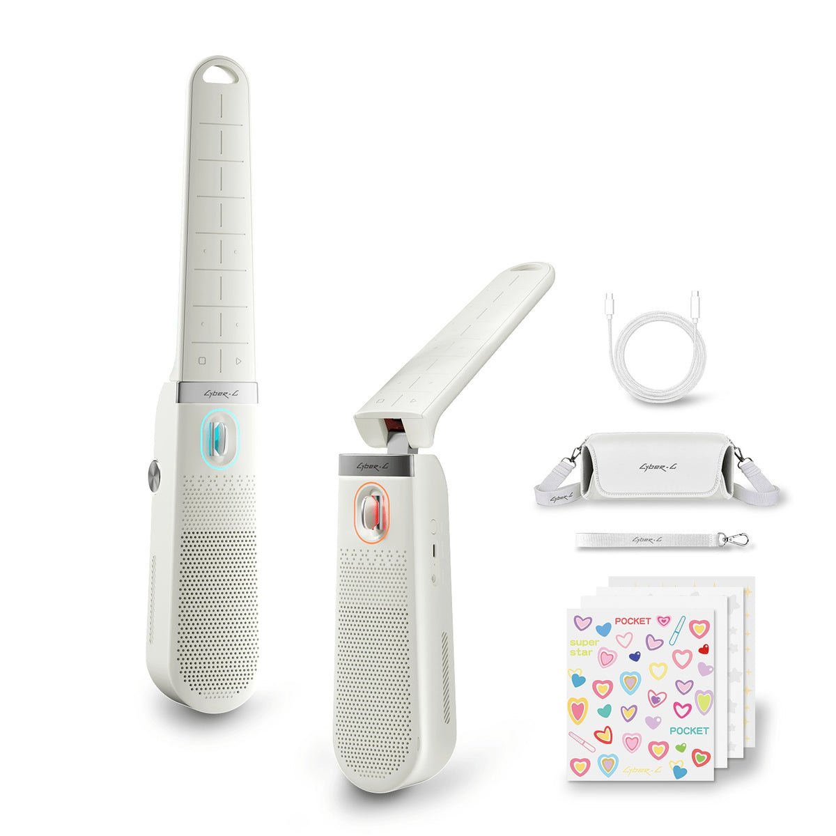 Enya Cyber-G Pocket in White unfolded and folded, with its premium case, hand strap, charging cable and sticker pack