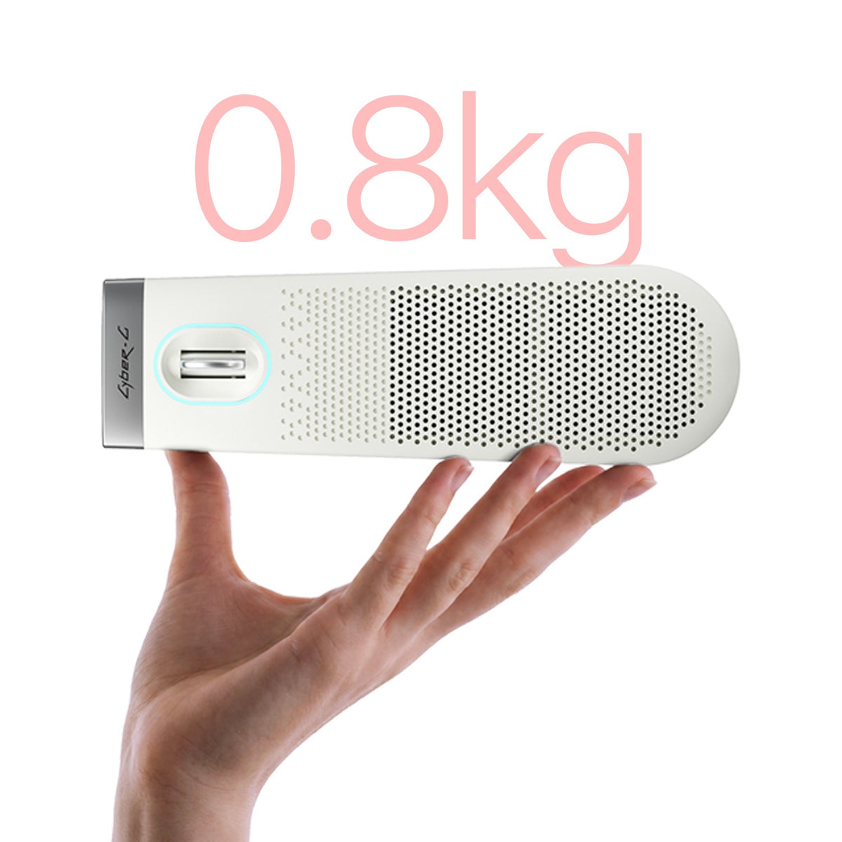 Enya Cyber-G Pocket held in one hand to show its 0.8 kg weight, shown in White