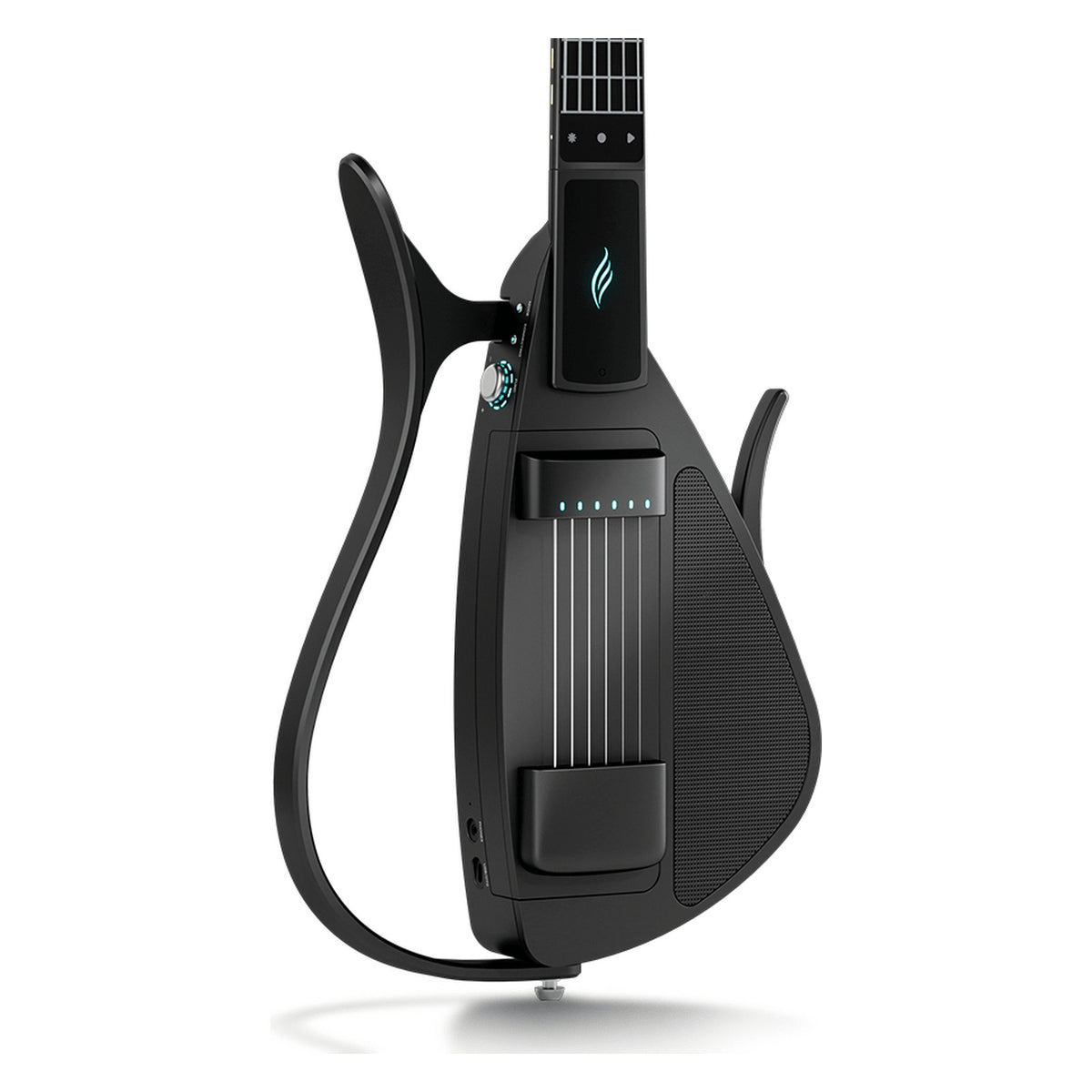 Front of the Enya Cyber-G String Model smart guitar in Black, showing the string module, speaker grille and silicone fretboard