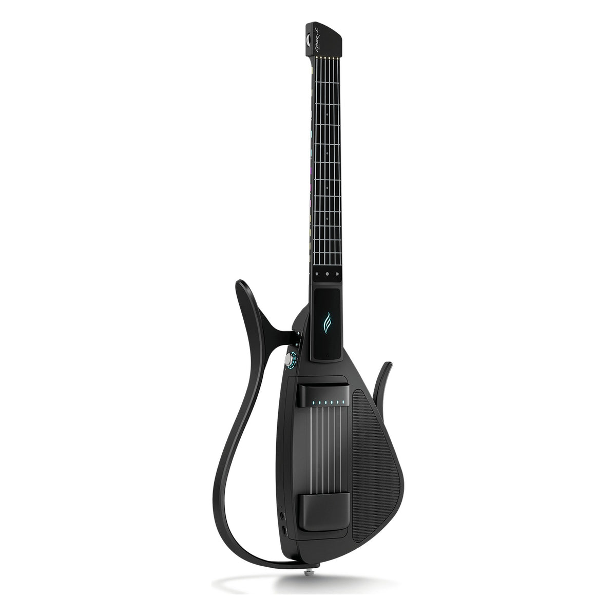 Full front view of the Enya Cyber-G String Model smart guitar in Black standing upright