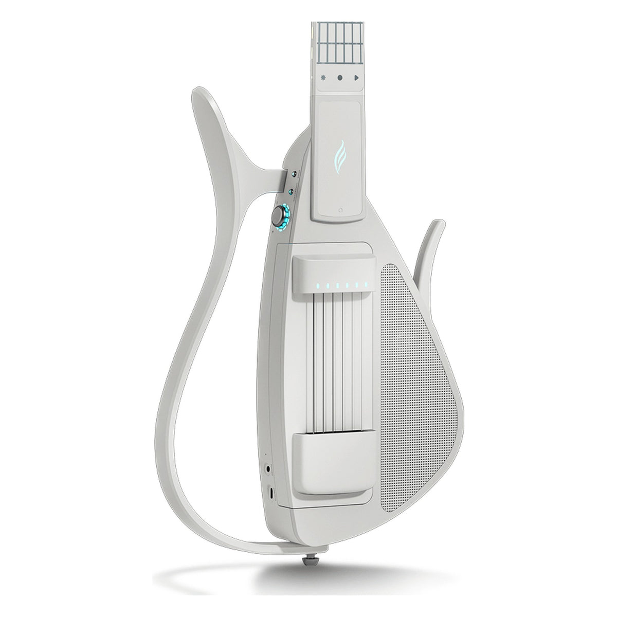 Front of the Enya Cyber-G String Model smart guitar in White, showing the string module, speaker grille and silicone fretboard