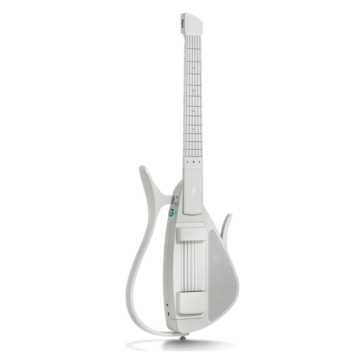 Full front view of the Enya Cyber-G String Model smart guitar in White standing upright