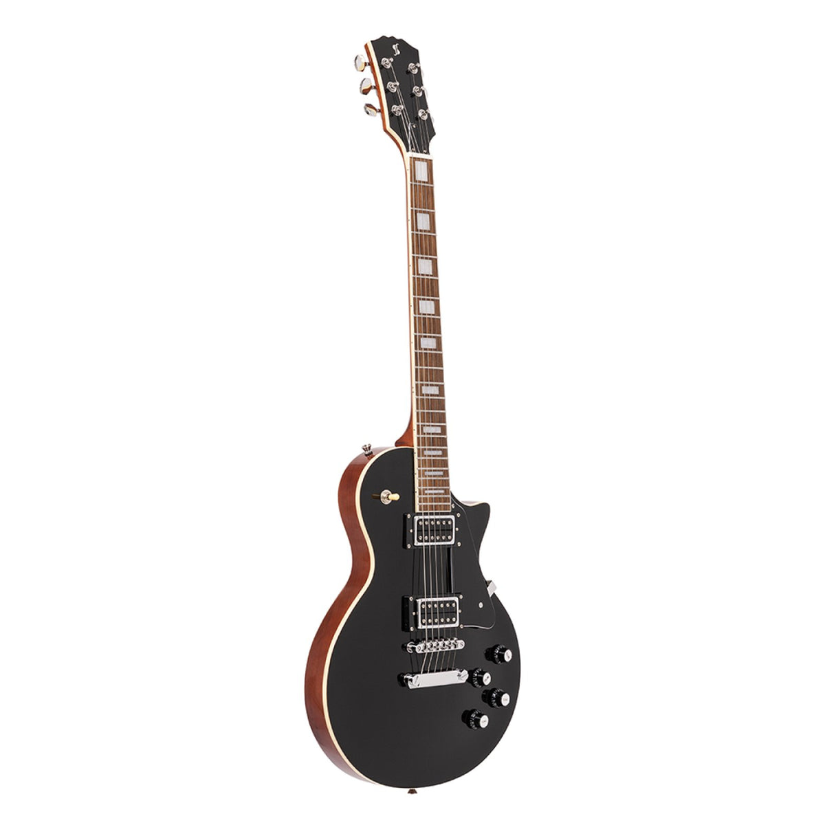 Stagg SEL-STD black electric guitar, full body shown at an angle on white
