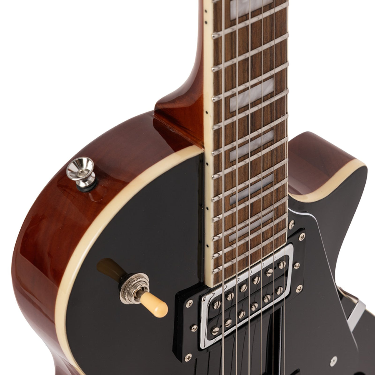 Neck joint, vintage white binding and 3-way toggle switch on the black Stagg SEL-STD